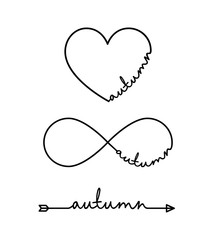 Autumn - word with infinity symbol, hand drawn heart, one black arrow line. Minimalistic drawing of phrase illustration