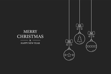 Fototapeta na wymiar Simple Christmas greeting card with hanging balls and wishes. Xmas decoration. Vector