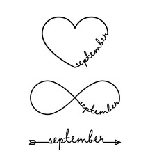 September - word with infinity symbol, hand drawn heart, one black arrow line. Minimalistic drawing of phrase illustration