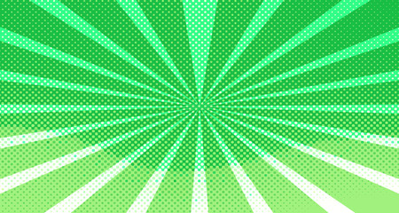 Vintage colorful comic book background. Green blank bubbles of different shapes. Rays, radial, halftone, dotted effects. For sale banner for your designe 1960s. Copy space vector eps10.