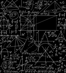 Mathematical vector seamless pattern with handwritten figures, formulas and calculations