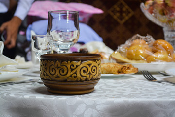 The dishes are in focus.