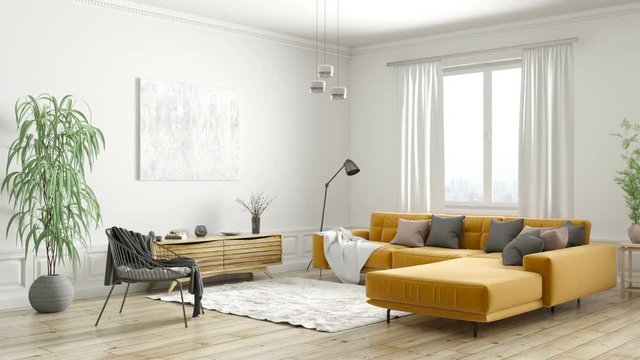 Modern interior design of scandinavian apartment, living room with yellow sofa, sideboard and black armchair 3d animation rendering