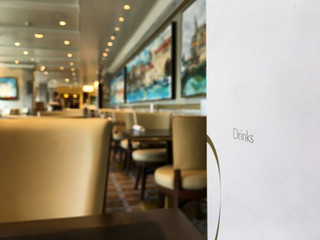 View into elegant classic buffet self service restaurant Kings Court with Drinks menu on luxury...