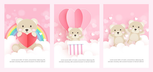 Set of greeting cards with cute bear in paper cut style.