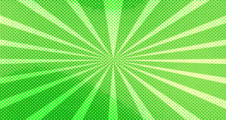 Vintage colorful comic book background. Green blank bubbles of different shapes. Rays, radial, halftone, dotted effects. For sale banner for your designe 1960s. Copy space vector eps10.