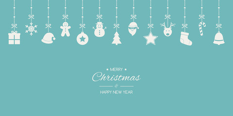 Naklejka na ściany i meble Minimalist Christmas greeting card with hanging ornaments and text. Xmas decoration. Vector