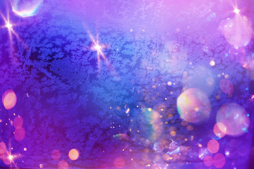 Christmas and New Year holidays background with frost patterns. Glitter lights backdrop. Winter season. Text space.