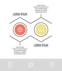 Vector flat line template circle infographics. Business concept with 2 options and arrows. Two steps for content, flowchart, timeline, levels, marketing, presentation, graph, diagrams, slideshow