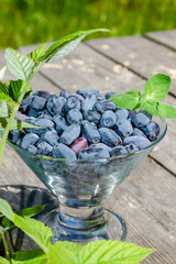 Ripe honeysuckle in a bowl on a wooden table
