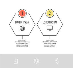 Vector flat infographic template. Line hexagon with text and icons for two diagrams, graph, flowchart, timeline, marketing, presentation. Business concept with 2 options