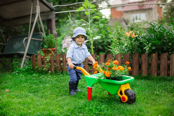 Child gardener with garden wheelbarrow and flowers