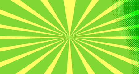 Vintage colorful comic book background. Green blank bubbles of different shapes. Rays, radial, halftone, dotted effects. For sale banner for your designe 1960s. Copy space vector eps10.