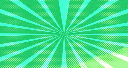 Vintage colorful comic book background. Green blank bubbles of different shapes. Rays, radial, halftone, dotted effects. For sale banner for your designe 1960s. Copy space vector eps10.