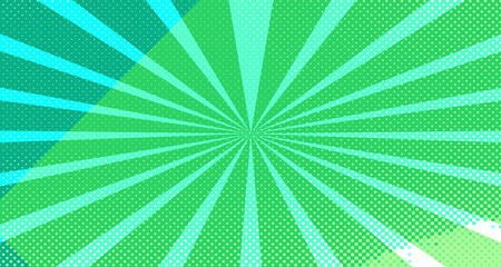 Vintage colorful comic book background. Green blank bubbles of different shapes. Rays, radial, halftone, dotted effects. For sale banner for your designe 1960s. Copy space vector eps10.