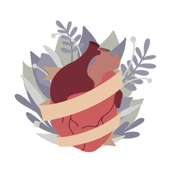 Flat illustration of realistic heart with ribbon and leaves. Eco picture. Original element for cards on Valentine Day. Ecological lifestyle. Vector element for card, banner and your creativity.