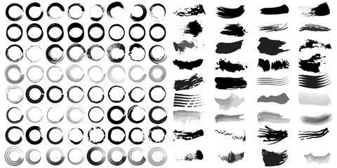 Big collection of black paint, ink brush strokes, brushes, lines, grungy, circles. Freehand drawing vector illustration isolated on white background