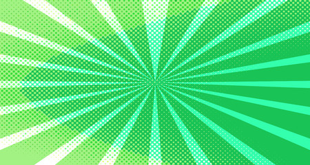 Vintage colorful comic book background. Green blank bubbles of different shapes. Rays, radial, halftone, dotted effects. For sale banner for your designe 1960s. Copy space vector eps10.