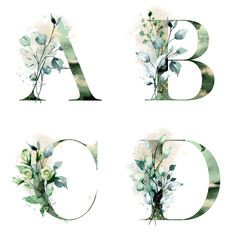 Floral alphabet, letters A, B, C, D with watercolor leaf. Monogram initials perfectly for wedding invitations, greeting card, logo, poster and other design. Holiday design hand painting.