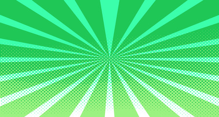 Vintage colorful comic book background. Green blank bubbles of different shapes. Rays, radial, halftone, dotted effects. For sale banner for your designe 1960s. Copy space vector eps10.