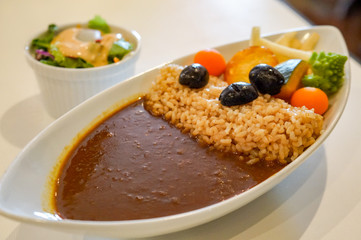 ご飯を堤防、ルウを貯水池に見立てた長井ダムカレー