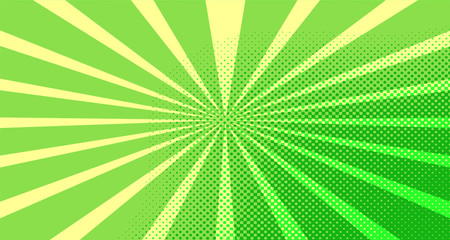 Vintage colorful comic book background. Green blank bubbles of different shapes. Rays, radial, halftone, dotted effects. For sale banner for your designe 1960s. Copy space vector eps10.