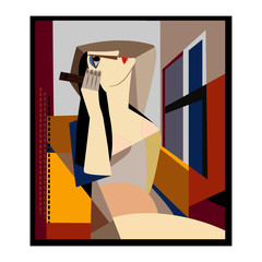 Colorful background, cubism art style,abstract portrait,woman combing her hair