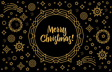 Merry Christmas Card With Frame And Vignette. Lettering Composition With Snowflakes, Stars, Comets And Space. Holiday Vector Illustration.