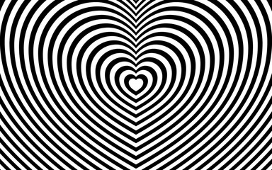 Minimalism background of repeating black and white lines. Stripes in the shape of a heart. Ornament with the effect of illusion.