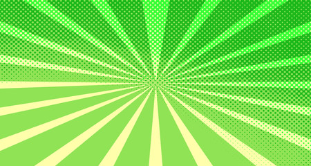 Vintage colorful comic book background. Green blank bubbles of different shapes. Rays, radial, halftone, dotted effects. For sale banner for your designe 1960s. Copy space vector eps10.