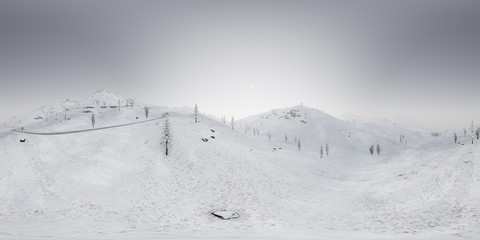 vr 360 camera above the snow rocky mountains ridges in a cold polar region