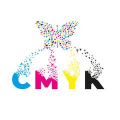 letters with effect of destruction. Dispersion. Butterfly, moth. CMYK