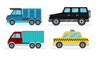 Set Of Different Kinds Of Urban And Industrial Transport Vector Illustrations