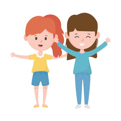 two women hugging friendly characters