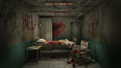 horror and creepy ward room in the hospital with blood .3D rendering