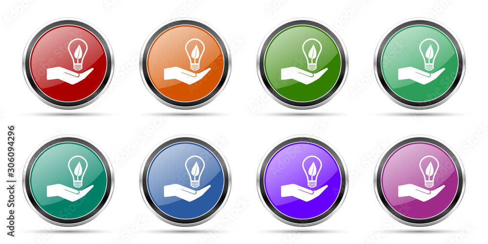 Poster light, idea, bulb icons, set of round glossy web buttons with silver metallic chrome borders isolate