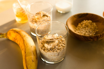 oatmeal in a glass with banana and chia
