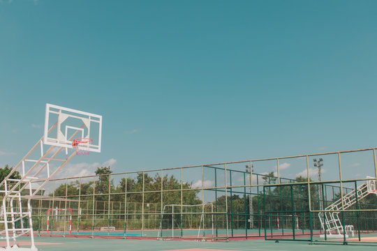 Colorful balloons concept of happy birth day in summer and wedding, honeymoon party use for basketball court background. 