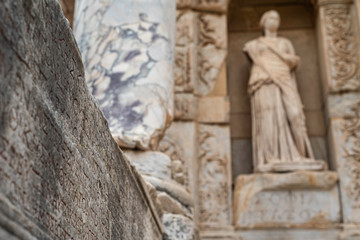 The inscriptions and the statue of Sophia in the library of Celsus in the ancient Greek-Roman city of Ephesus