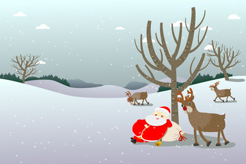 Santa Claus taking a nap under dried tree on snowy landscape with reindeer walking by