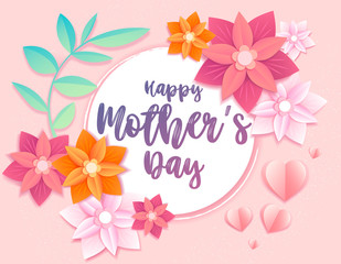 Pretty floral Happy Mothers Day greeting card design on a pink background with colorful origami 3d effect paper summer flowers and hearts around central text, vector illustration