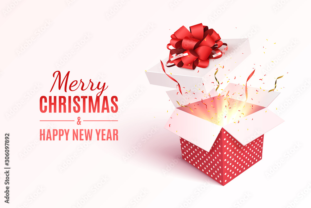 Sticker gift box with red ribbon and bow. merry christmas and happy new year banner. vector 3d illustration.