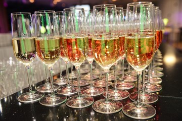 Rows of full champagne, sparkling wine and red wine glasses. Dining, drink. Catering service concept.
