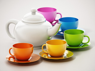 Vibrant colored tea set with soft shadows. 3D illustration