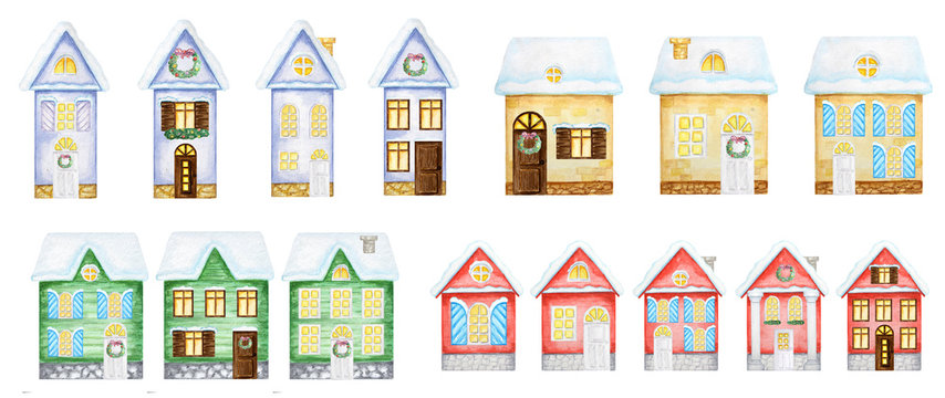 Watercolor Christmas winter houses Set with dark brown wooden door, luminous windows with snow on the roof on a white background. Red, green, blue, yellow colors House with New Year wreath decoration