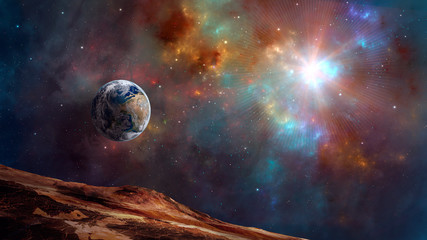 Obraz na płótnie Canvas Space background. Earth planet with colorful fractal nebula. Elements furnished by NASA. 3D rendering