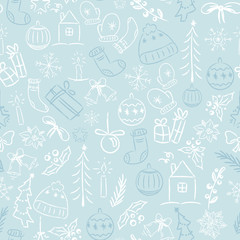  Seamless pattern with christmas doodles. Christmas gifts, decorations, etc.