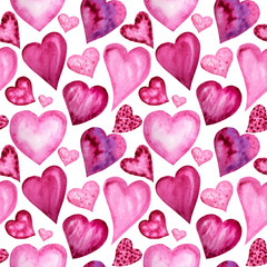 Seamless pattern Watercolor heart, love Greeting card concept. Wedding, Valentine's Day banner, poster design. Hand drawn red pink hearts on white background. Balloons texture for scrapbooking