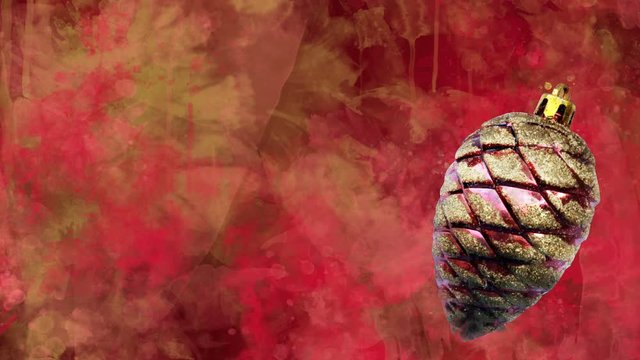 Watercolor Christmas decoration red cone on the back-ground of colored blots.