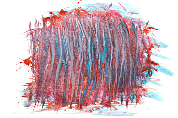 abstract textural watercolor with red and blue vertical drip lines on white background